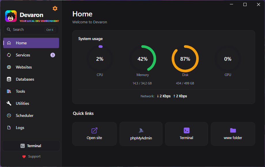 Devaron dashboard showing local development services and system usage