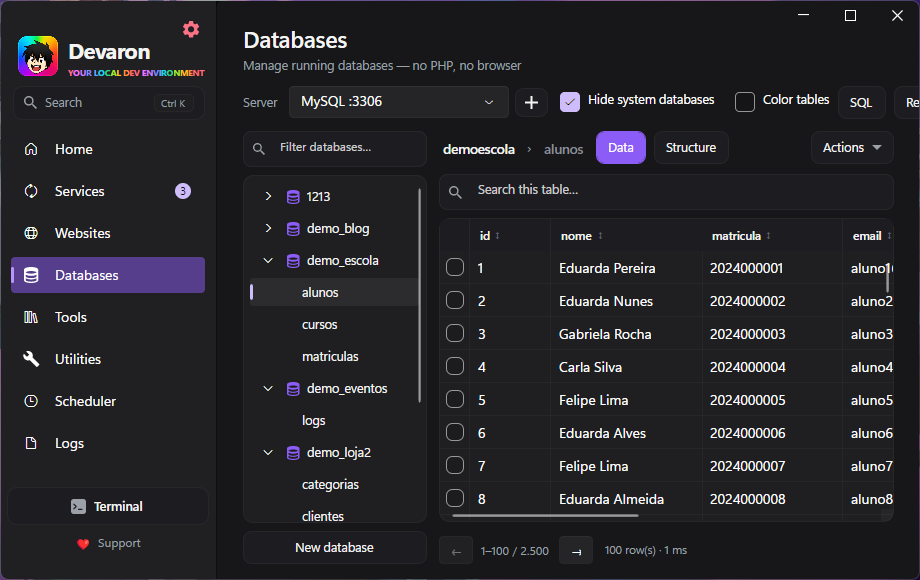 Devaron database manager showing tables and data