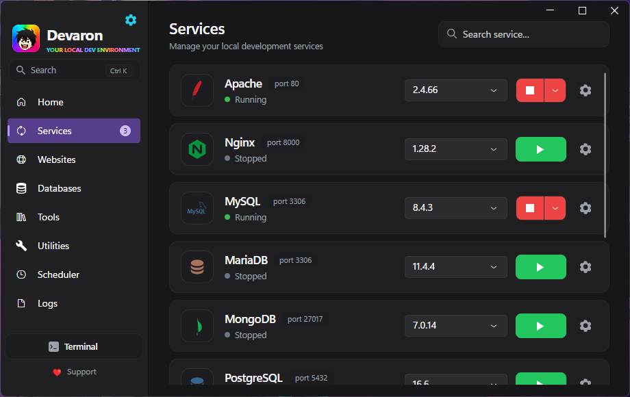 Devaron services screen with Apache, Nginx, PHP and databases
