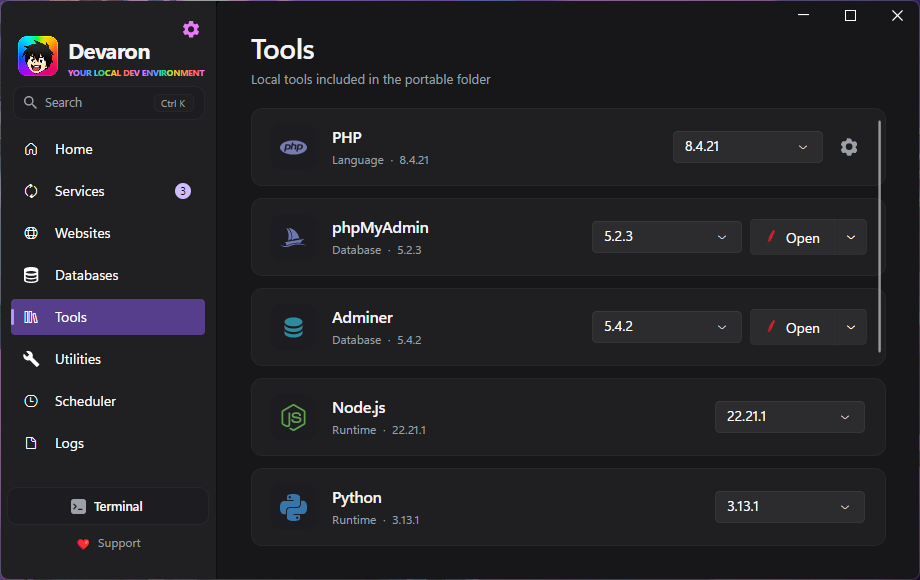 Devaron tools screen with developer tools