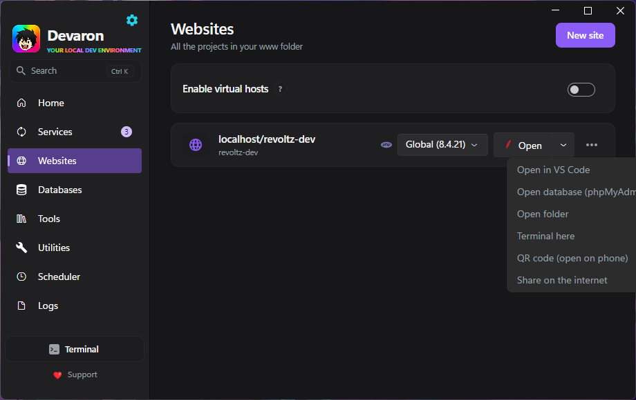 Devaron websites screen with local virtual hosts
